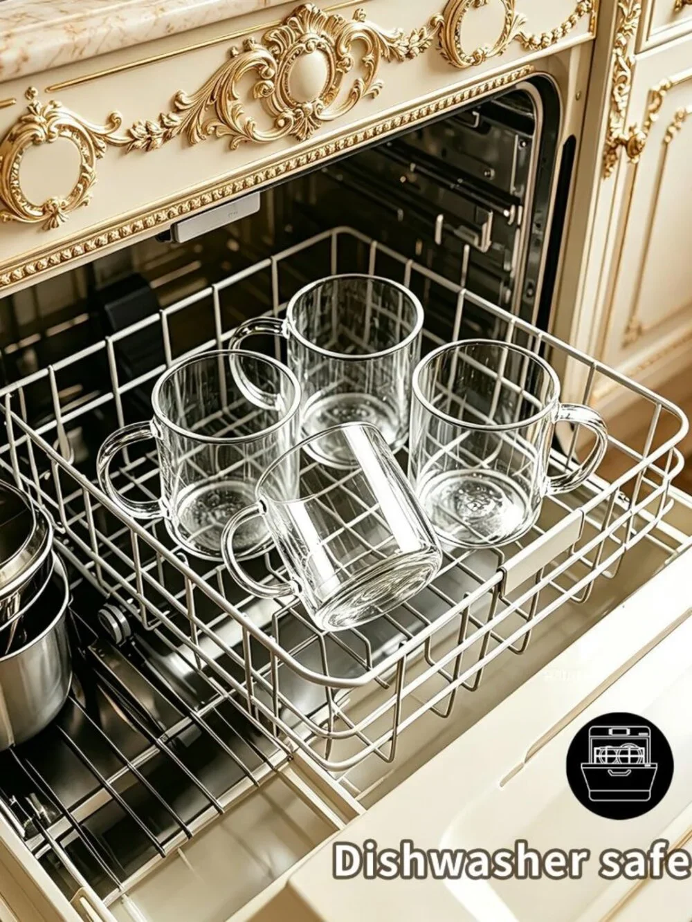 Hand Blown Clear Coffee Mugs Set of 4, 14 oz Heat Resistant Tea Cups
